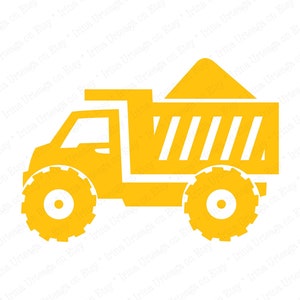May include: A yellow toy dump truck with a white cab and a white bed. The truck is filled with yellow sand and has white stripes on the bed. The truck has large yellow wheels with white centres.