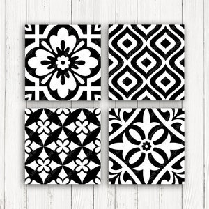 Arte de parede em mosaico preto e branco, decoração de parede de cozinha, pôsteres geométricos digitais, impressões quadradas para decoração de sala de jantar ou apartamento