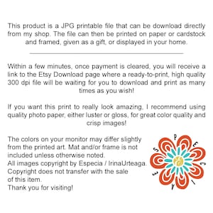 May include: White background with black text describing a downloadable JPG printable file. The text mentions printing on paper or cardstock, and a decorative floral design in orange, red, and teal.