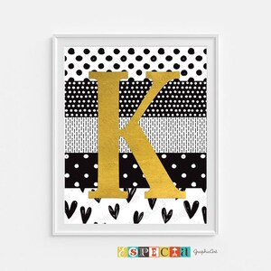 Carta K Nombre signo inicial PRINTABLE arte, 8x10 11x14 monograma cartel personalizado arte, decoración de pared de papel de aluminio de imitación, amarillo mostaza y negro imagen 6
