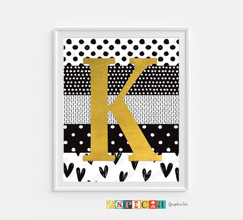 Carta K Nombre signo inicial PRINTABLE arte, 8x10 11x14 monograma cartel personalizado arte, decoración de pared de papel de aluminio de imitación, amarillo mostaza y negro imagen 6