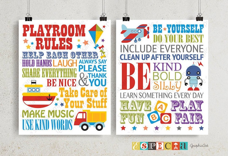 Playroom Rules Printable Wall Art Set of 2, Kids Room Behavior Poster ...
