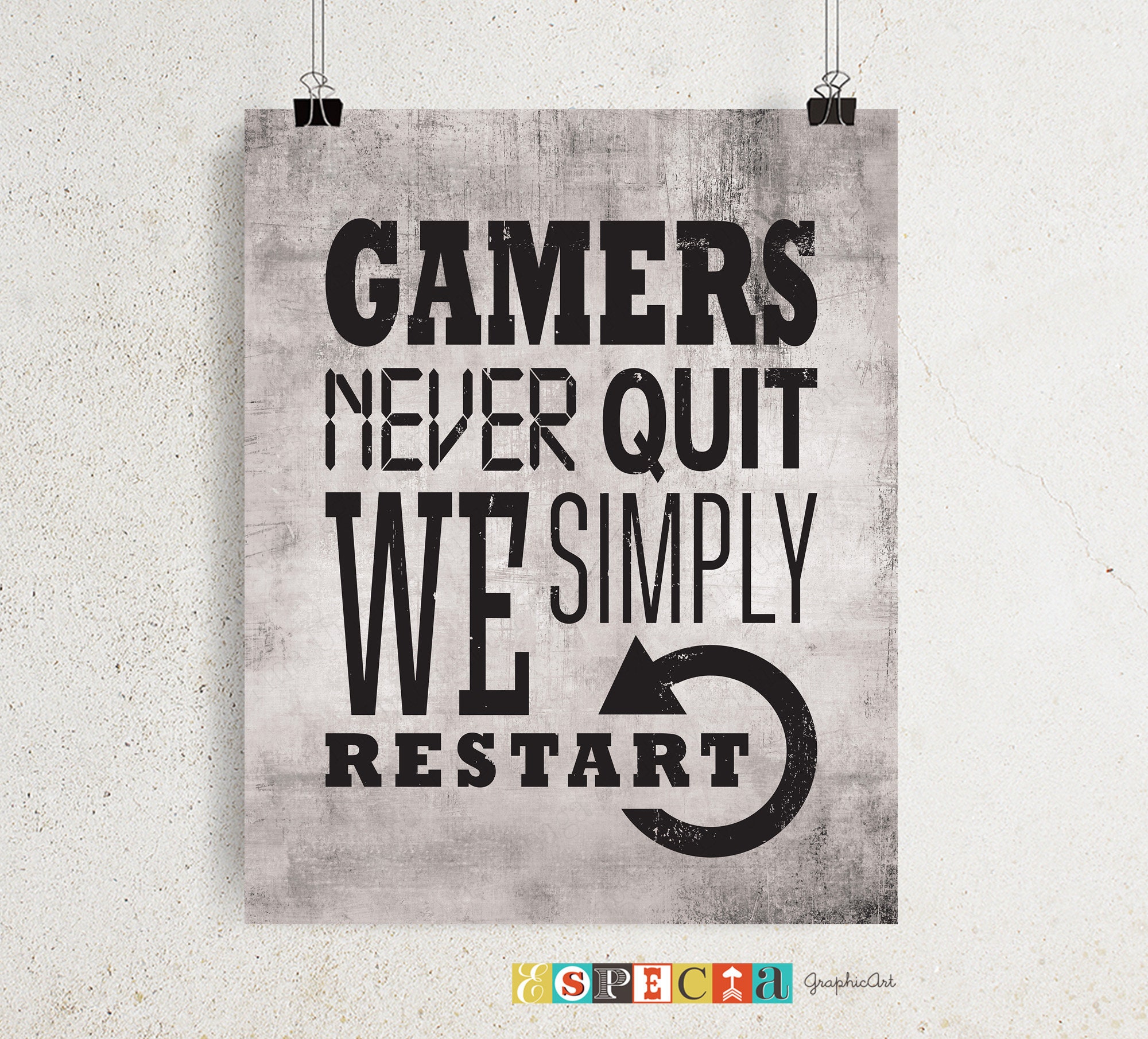 8x10 16x20 gamer digital poster Video Game Themed Art Print Printable wall decor for Teen boy room Gamers never quit downloadable quote