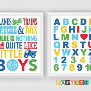 Imprimible niños pequeños habitación Alphabet conjunto de 2 8x10 11x14 impresiones de arte de pared, me encanta ABC 123 Kids Playroom signo, avión camión pequeño niños cartel