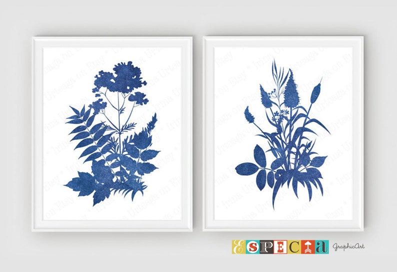 Navy Blue Botanical Prints set of 2 Printable Wall Art Indigo | Etsy