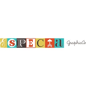以下が含まれることがあります： 「ESPECIA」という単語がブロック体で書かれたカラフルなロゴで、グラフィック矢印と「Graphic Art」というテキストが筆記体で書かれています。