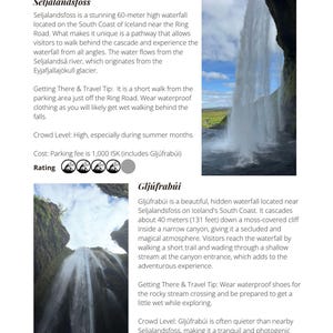K&ouml;nnte beinhalten: Seite aus einem Reisef&uuml;hrer mit Wasserf&auml;llen in Island. Das Bild zeigt Seljalandsfoss, einen 60 Meter hohen Wasserfall, und Glj&uacute;frab&uacute;i, einen 40 Meter hohen Wasserfall. Der Text enth&auml;lt Reisetipps und Informationen zur Besucherfrequenz.