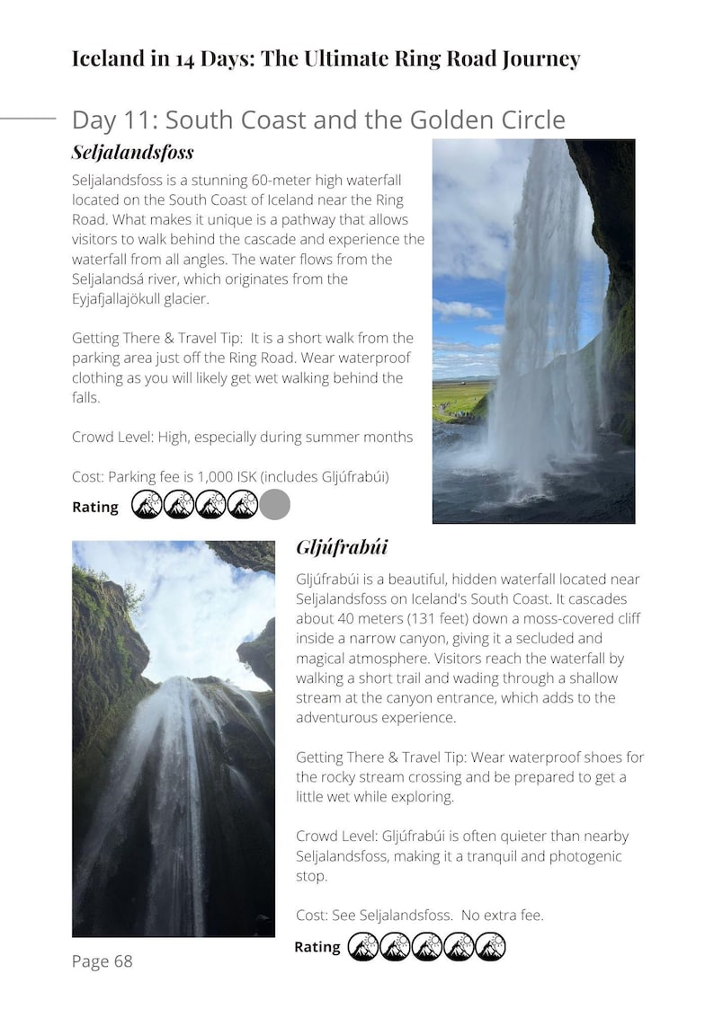 K&ouml;nnte beinhalten: Seite aus einem Reisef&uuml;hrer mit Wasserf&auml;llen in Island. Das Bild zeigt Seljalandsfoss, einen 60 Meter hohen Wasserfall, und Glj&uacute;frab&uacute;i, einen 40 Meter hohen Wasserfall. Der Text enth&auml;lt Reisetipps und Informationen zur Besucherfrequenz.
