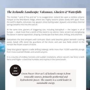 K&ouml;nnte beinhalten: Eine Seite aus einem Reisef&uuml;hrer mit dem Titel &bdquo;Alles &uuml;ber Island: Land aus Feuer und Eis&ldquo;. Der Text beschreibt Islands vulkanische Landschaft, Gletscher und Wasserf&auml;lle. Ein &bdquo;Wussten Sie schon?&ldquo;-Fakt besagt, dass &uuml;ber 90 % der isl&auml;ndischen Energie aus erneuerbaren Quellen stammt.