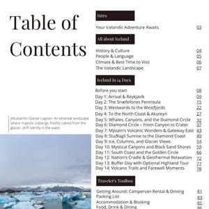 K&ouml;nnte beinhalten: Inhaltsverzeichnis eines Reisef&uuml;hrers mit Titeln wie "Island in 14 Tagen" und "Reisewerkzeugkasten". Das Bild zeigt ein Foto der Gletscherlagune J&ouml;kuls&aacute;rl&oacute;n und eine Beschreibung der Landschaft.
