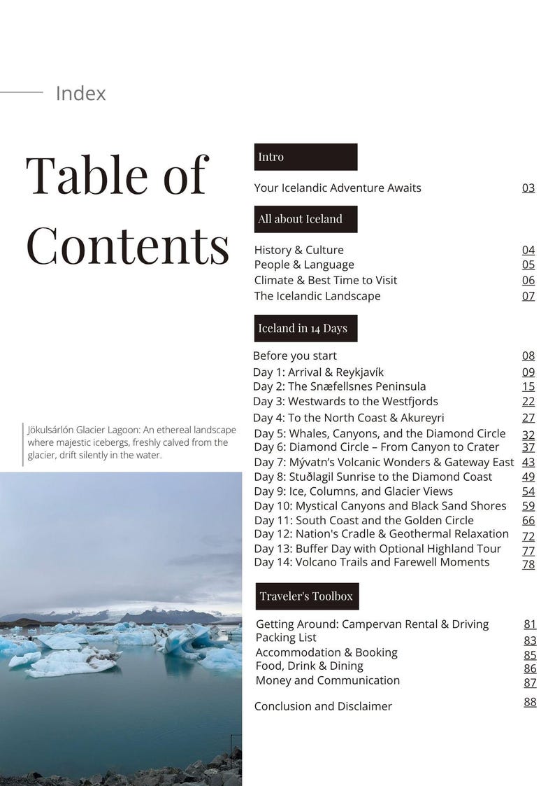 K&ouml;nnte beinhalten: Inhaltsverzeichnis eines Reisef&uuml;hrers mit Titeln wie "Island in 14 Tagen" und "Reisewerkzeugkasten". Das Bild zeigt ein Foto der Gletscherlagune J&ouml;kuls&aacute;rl&oacute;n und eine Beschreibung der Landschaft.