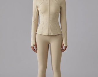 Cream Sculpting Corset Zip Jacket | Athleisure Gym Wear, Plus Size Available