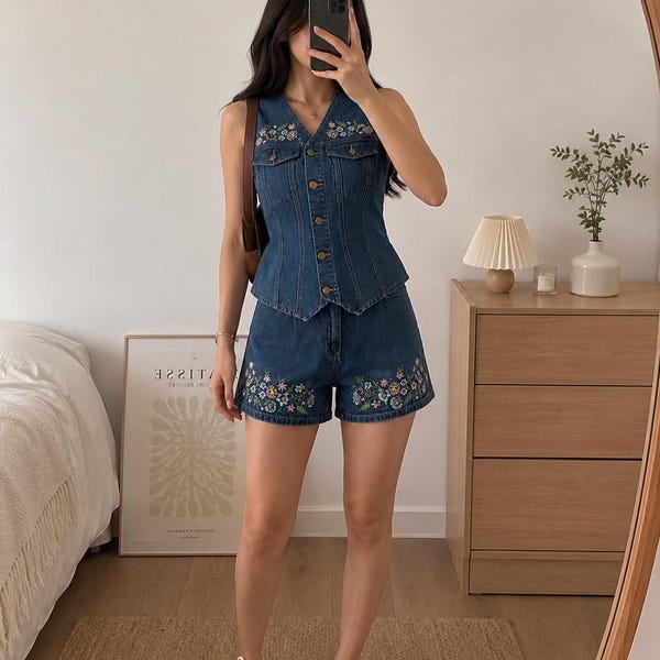 Floral Embroidered Denim Vest and Shorts Set – Boho Cottagecore Summer Outfit