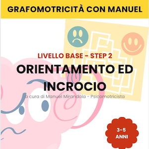 Puede incluir: Portada de libro con el título "GRAFOMOTRICITÀ CON MANUEL" y el subtítulo "ORIENTAMENTO ED INCROCIO". Presenta una ilustración de cerebro rosa y una insignia roja que indica la edad de 3 a 5 años. El texto "PregrafismoPDF" está en la parte inferior.