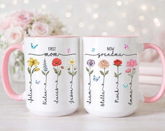 Taza "Primera mamá, ahora abuela", regalo de flor de nacimiento personalizado