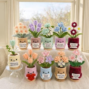 May include: A selection of handmade crochet flower pots, each featuring a different flower design and a smiling face. The pots have tags with uplifting messages such as "Keep shining every day" and "You make life brighter".