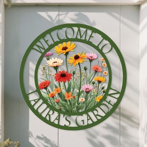 Puede incluir: Un letrero redondo de metal verde con las palabras "WELCOME TO AURA'S GARDEN" que enmarcan un colorido arreglo floral. Las flores incluyen flores amarillas, rojas, rosas y naranjas. El letrero está montado en una pared blanca.