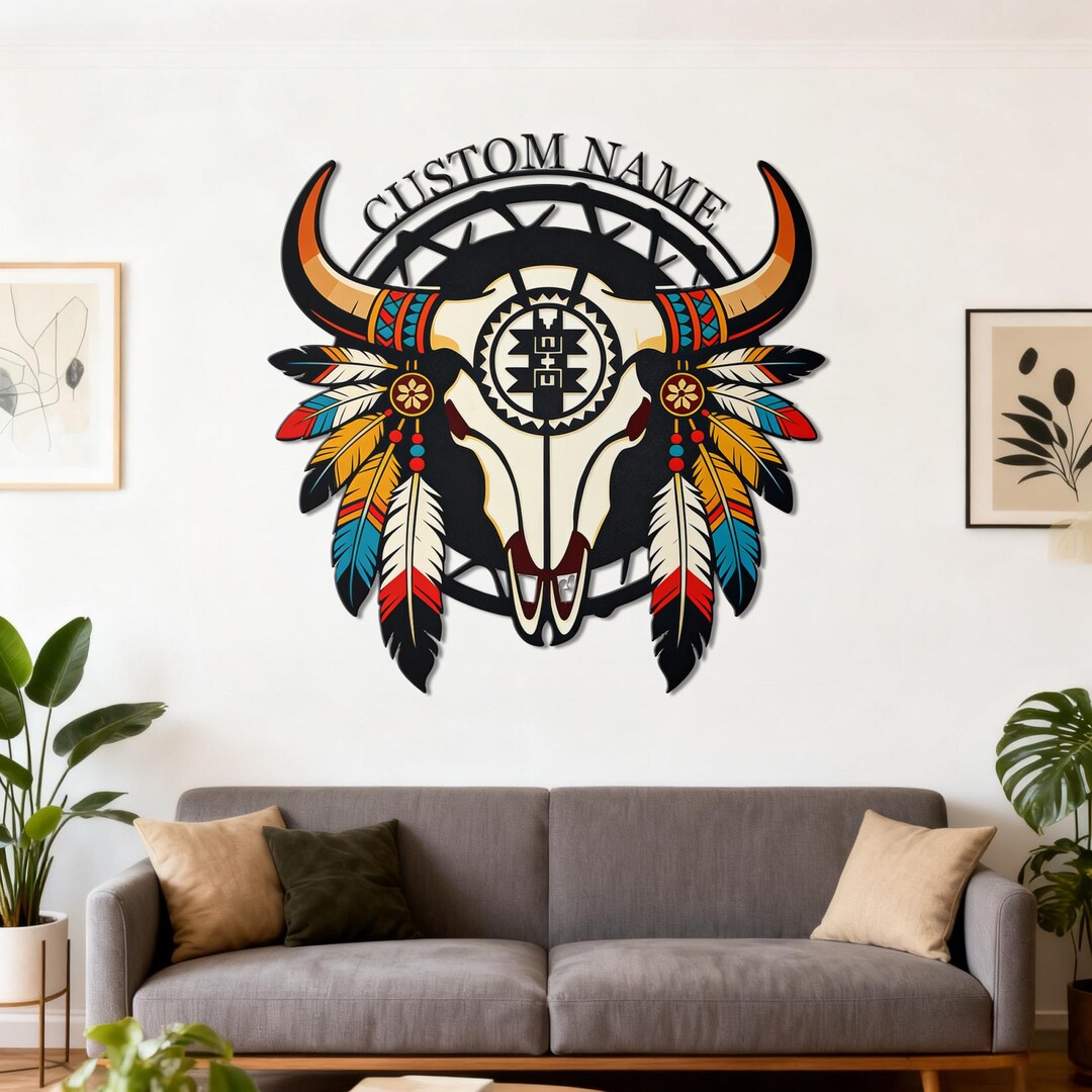 Custom Native American Bull Skull Metal Wall Art – Native American ...