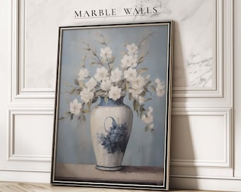 Blau Weiße Blumenvase Poster Print Vintage Floral Wandkunst für Bauernhaus Küche Dekor