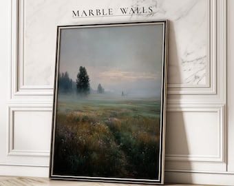 May include: Framed landscape art print depicting a misty field with trees and a soft, muted color palette. The artwork is in a black frame and leans against a white marble wall. The text "MARBLE WALLS" is above the frame.