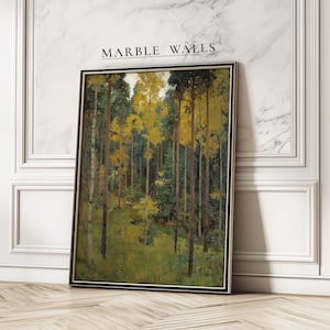 Puede incluir: Una pintura de paisaje enmarcada que presenta una escena de bosque con árboles altos en tonos verdes y amarillos. La obra de arte se exhibe contra una pared de mármol blanco, con el texto "MARBLE WALLS" en la parte superior.