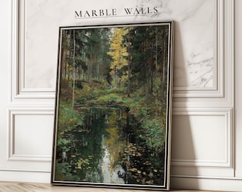 May include: Framed art print depicting a serene forest scene with a reflective body of water. The artwork features lush green trees, golden foliage, and a dark, rectangular frame. The text "MARBLE WALLS" is at the top.