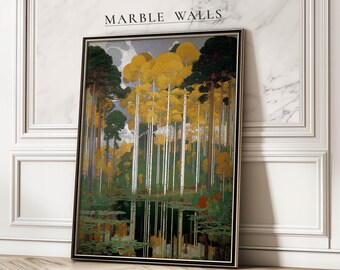 May include: A framed art print featuring a landscape scene with tall trees and a reflective body of water. The artwork showcases a palette of yellow, green, and white hues, with a dark frame. The text "MARBLE WALLS" is at the top.