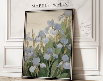 Blue Iris Print Vintage Wall Art — Botanical Flower Poster Florals for Living Room