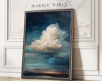 Póster con impresión artística de Moody Sky, escena de nubes pictóricas vintage para dormitorio o pared de galería.