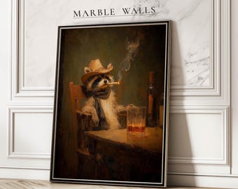 Western Raccoon Poster Rustic Whiskey Raccoon Wall Art Print Vintage Living Room Bar Decor