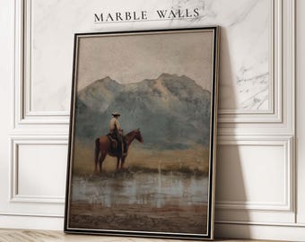 Rustic Cowboy on Horse Wall Art Print – Vintage Western Mountain Landscape Poster, Farmhouse Decor