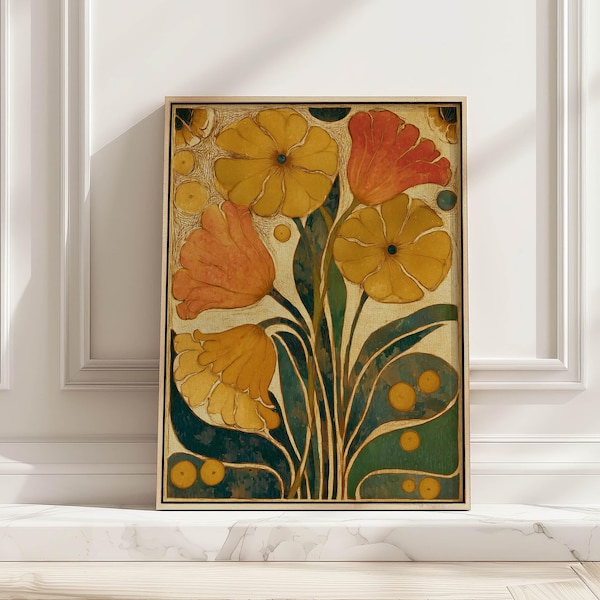 Retro Botanical Wall Art Mustard Yellow Flower Poster Mid-Century Modern Living Room Bedroom Decor