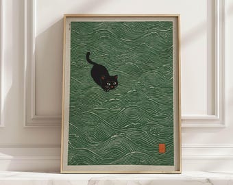 Japandi Black Cat in Waves Art Print Vintage Japanese Poster Serene Minimal Wall Decor