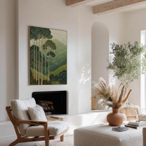Serene green landscape with tall trees in a minimalist, vintage-style art print, displayed in a contemporary lounge setting with neutral decor.