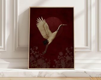 以下が含まれることがあります： 深い赤色の背景に、飛んでいる鶴が描かれた額入りのアートプリント。鶴は翼を広げ、長い首、黒いアクセントで描かれています。赤い円と花の要素も表示されています。