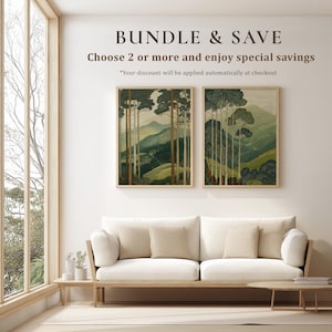 Matching set of two calm, vintage-style landscape art print pieces in green and beige, displayed as a coordinated gallery wall pair above a sofa.