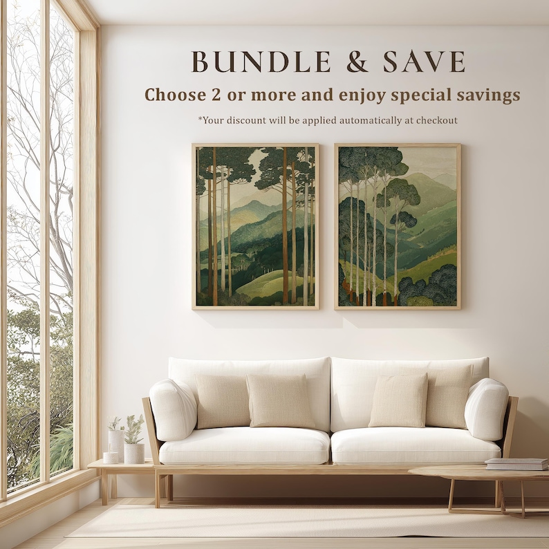 Matching set of two calm, vintage-style landscape art print pieces in green and beige, displayed as a coordinated gallery wall pair above a sofa.