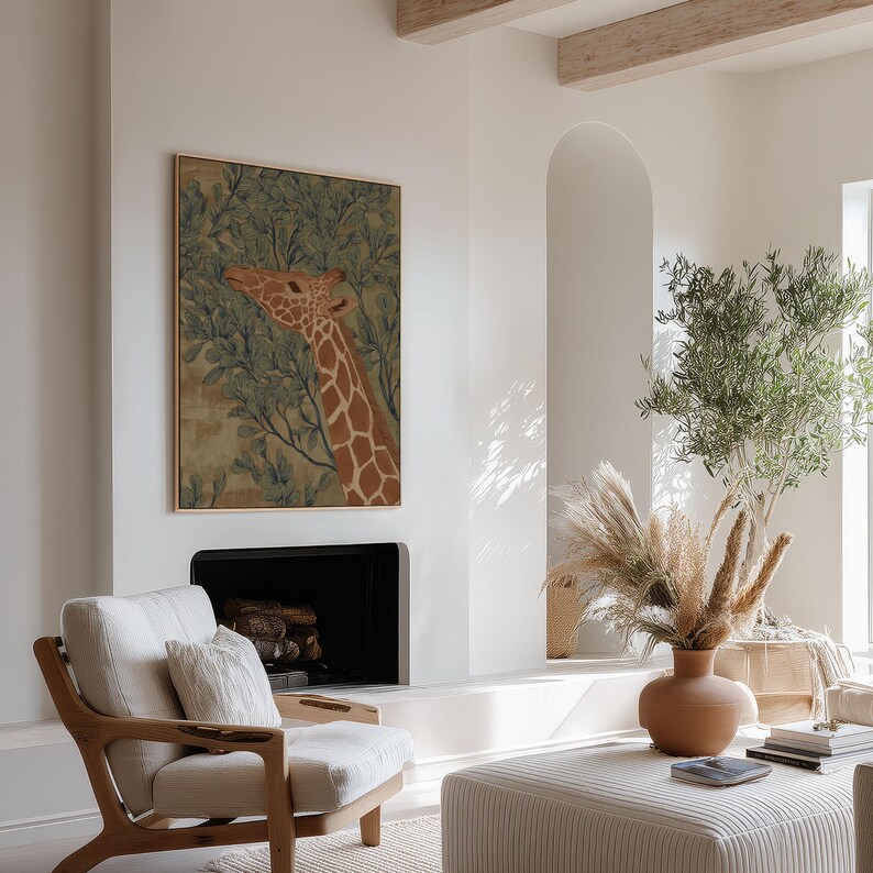 Elegant giraffe among leaves in green and brown, calm museum-style illustration feel, shown as a framed art print on a neutral wall in a contemporary lounge.