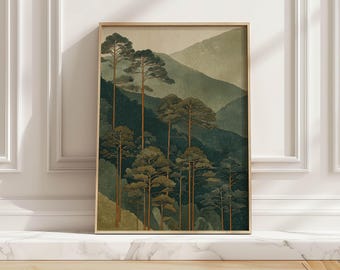 May include: A framed vertical wall art print featuring a landscape illustration of tall pine trees in shades of dark green and muted olive, set against a backdrop of rolling hills and mountains in soft, neutral beige and sage tones.