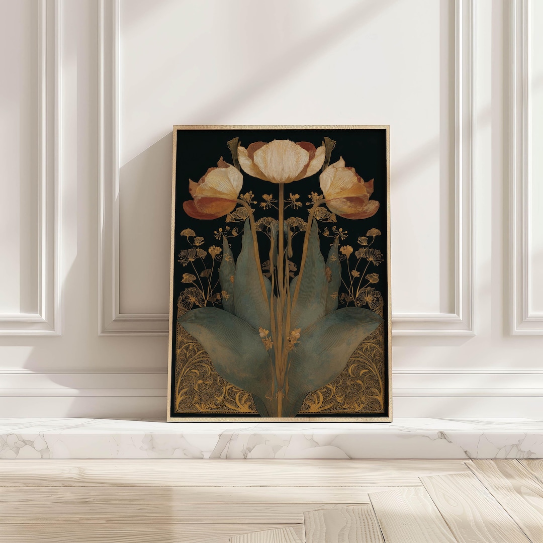 Dark Vintage Tulip Art Print Moody Gold Botanical Poster Elegant Floral ...