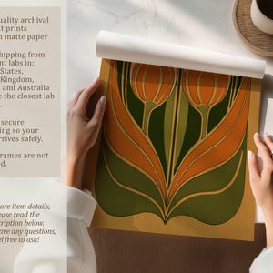 Graphic tulip design in earthy orange and green tones art print being unrolled on a table with text about premium matte paper and careful packaging.