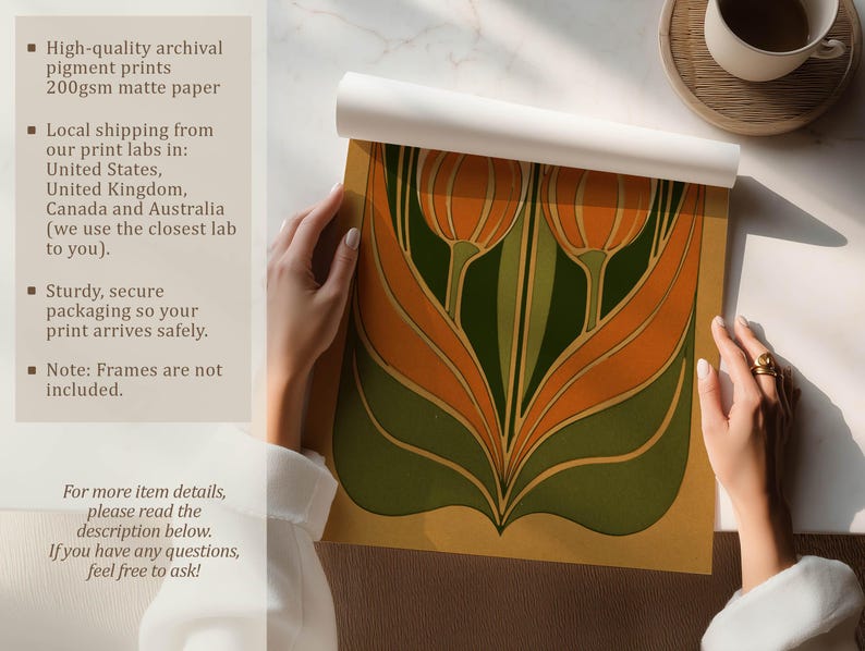 Graphic tulip design in earthy orange and green tones art print being unrolled on a table with text about premium matte paper and careful packaging.