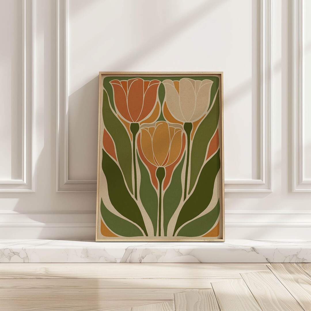 Mid Century Vintage Tulip Art Print Green Orange Retro Floral Poster ...