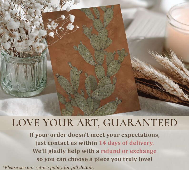 Vintage prickly pear cactus in green and terracotta, calm desert feel, presented as a wall art print on a styled tabletop with guarantee text.