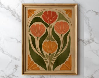 Art Nouveau Tulip Poster Olive Green And Burnt Orange Mid Century Wall Art Vintage Home Decor