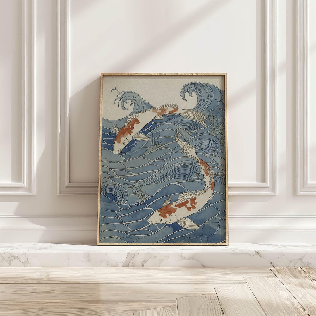 Blue Waves With Koi Fish Art Print Modern Japanese Art Minimalist ...