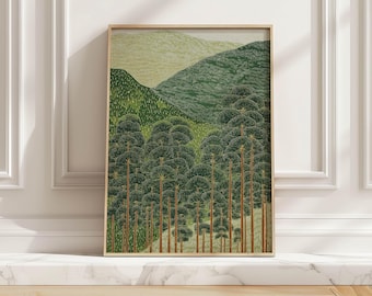 May include: A framed art print featuring a stylized landscape. The artwork depicts a forest of tall, slender trees with green, rounded canopies. The background shows rolling hills in shades of green and yellow. The frame is a light wood color.