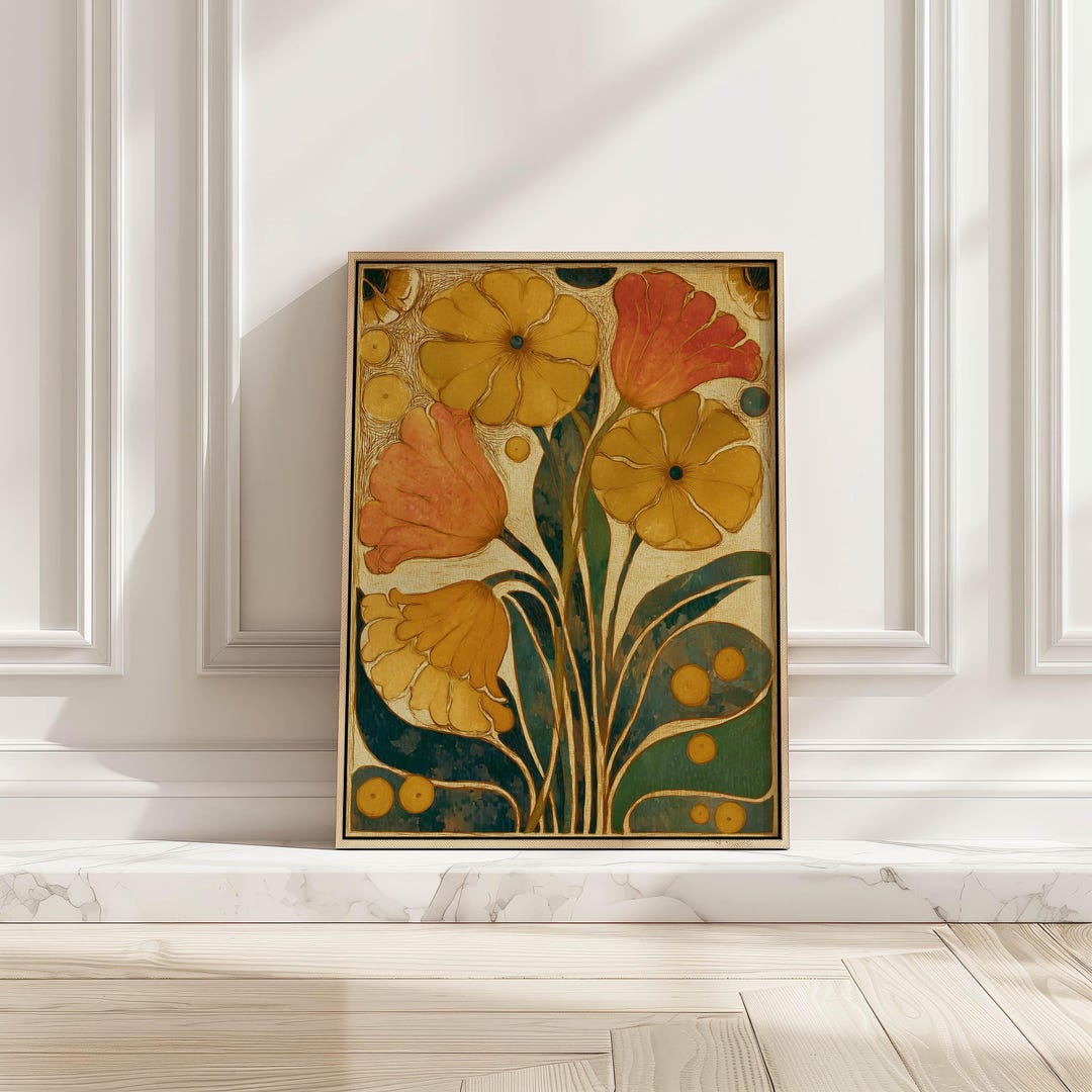 Retro Botanical Wall Art Mustard Yellow Flower Poster Mid-century ...