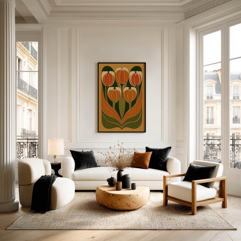 Striking vintage tulip cluster in earthy orange and green poster displayed in a large frame above a sofa in a bright living room with tall windows.