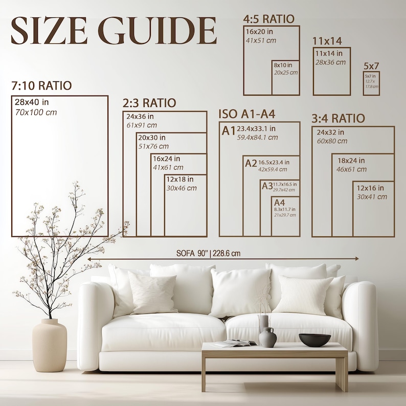 May include: A size guide chart with various rectangular dimensions in inches and centimeters. The chart includes ratios like 7:10, 2:3, 4:5, and 3:4, along with ISO A1-A4 sizes. A white sofa is positioned below the chart.